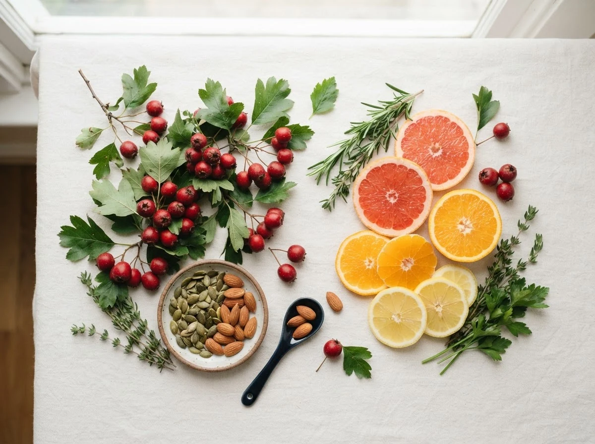Fresh whole ingredients: hawthorn berries, seeds, nuts and citrus for circulation-supporting nutrients